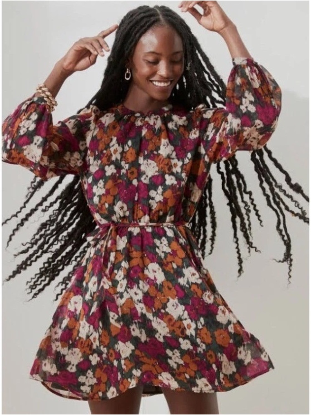 Banana Republic Floral Belted Mini Dress | Long Sleeve | Magenta | Large Tall